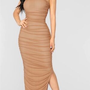 Fashion Nova Tan Ruched Halter Bodycon Dress